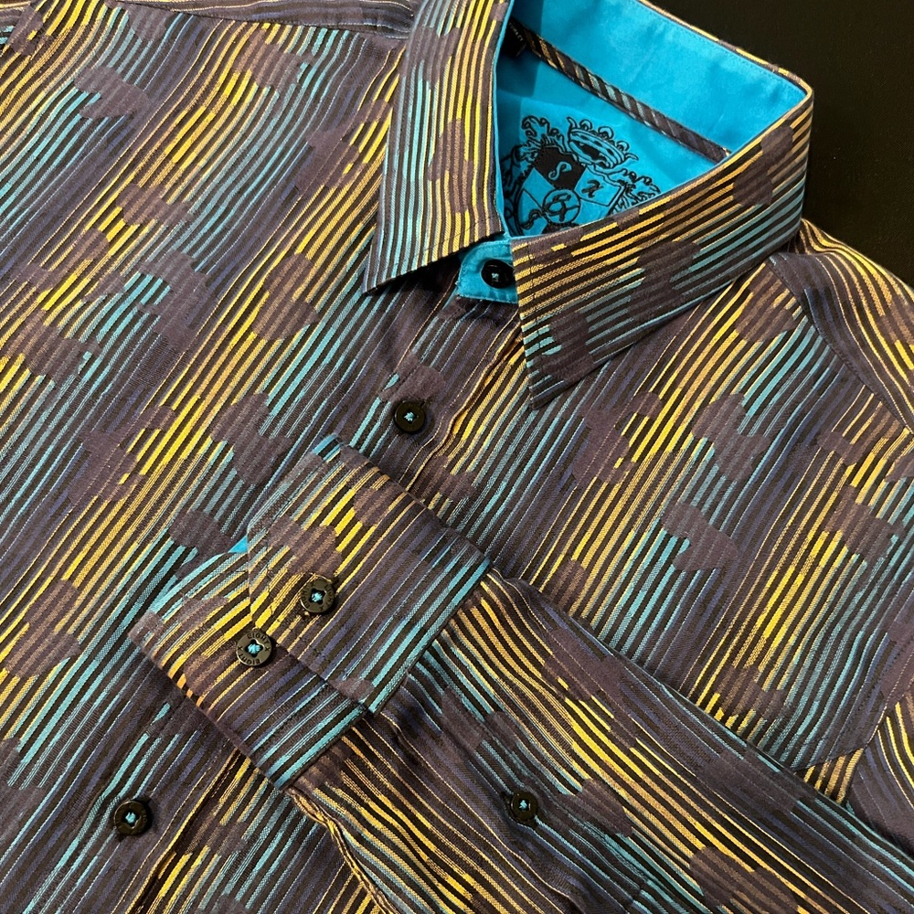 Men's Casual Stripe & Abstract Print Button-Down Shirt - Teal, Yellow & Purple